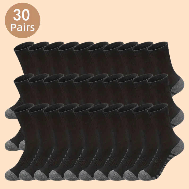 30-Pack Men's Long Socks, Autumn Sports Crew Socks, Knitted Polyester Fabric, Hand Wash or Dry Clean, Solid Color, Fashionable Men's Footwear Accessories